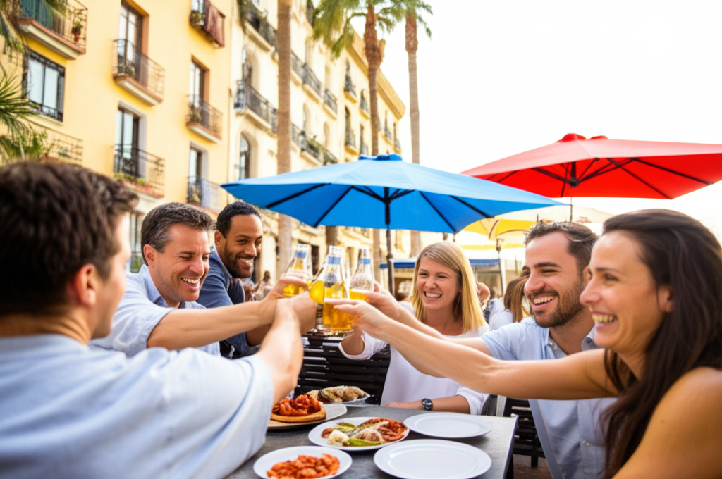 Terraza de Cervecería Quattros llena de gente disfrutando
