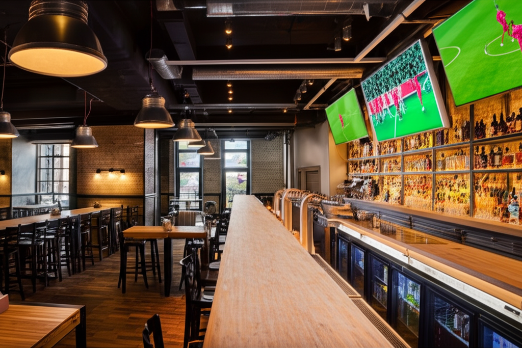 Interior de Cervecería Quattros con TV gigante