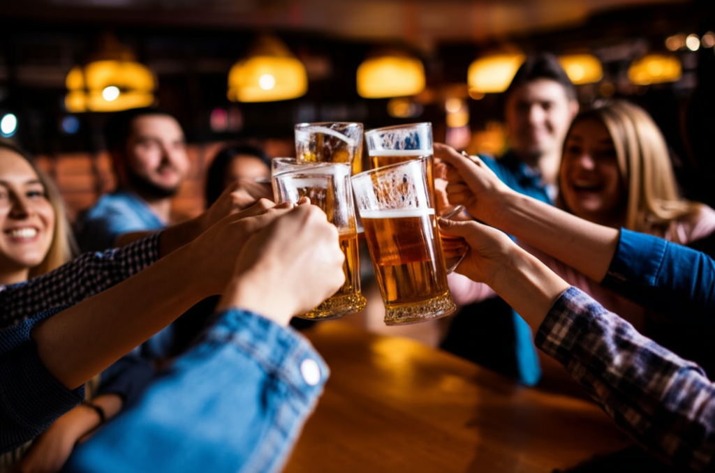 Gente brindando en Cervecería Quattros